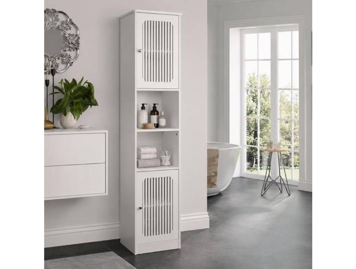 Colonne de salle de bain haute 163 cm avec étagères réglables - LPOSPI - portes persiennées MDF blanc