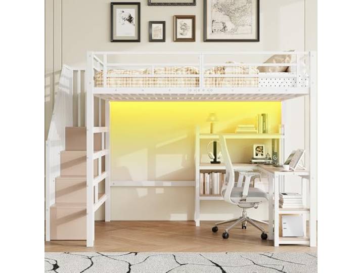 Metallbett Hochbett 140x200 mit LED-Licht & Schreibtisch & Treppe, Weiß Multifunktionales Kinderbett Jugendbett 140x200 mit LED-Beleuchtung, Schreibtisch, Ladestation und Treppe, Ohne Matratze