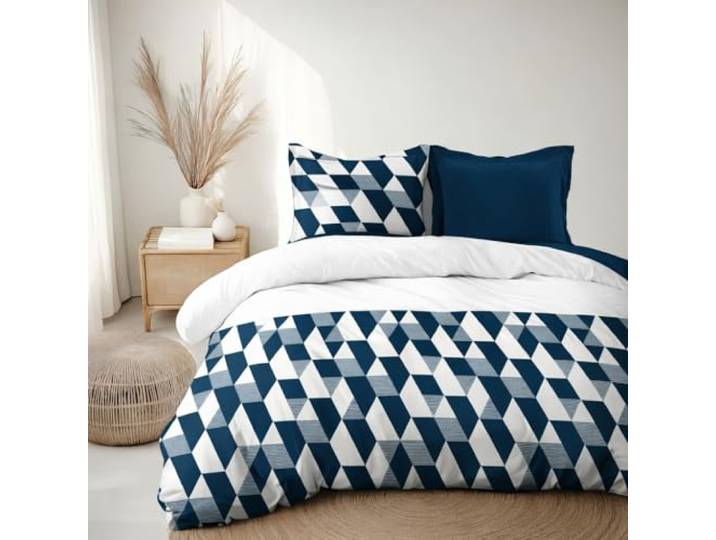 HOME LINGE PASSION Parure de Couette 240x260 cm en Percale de Coton – Housse + taie – Bleu pétrole – Modèle La Gitane