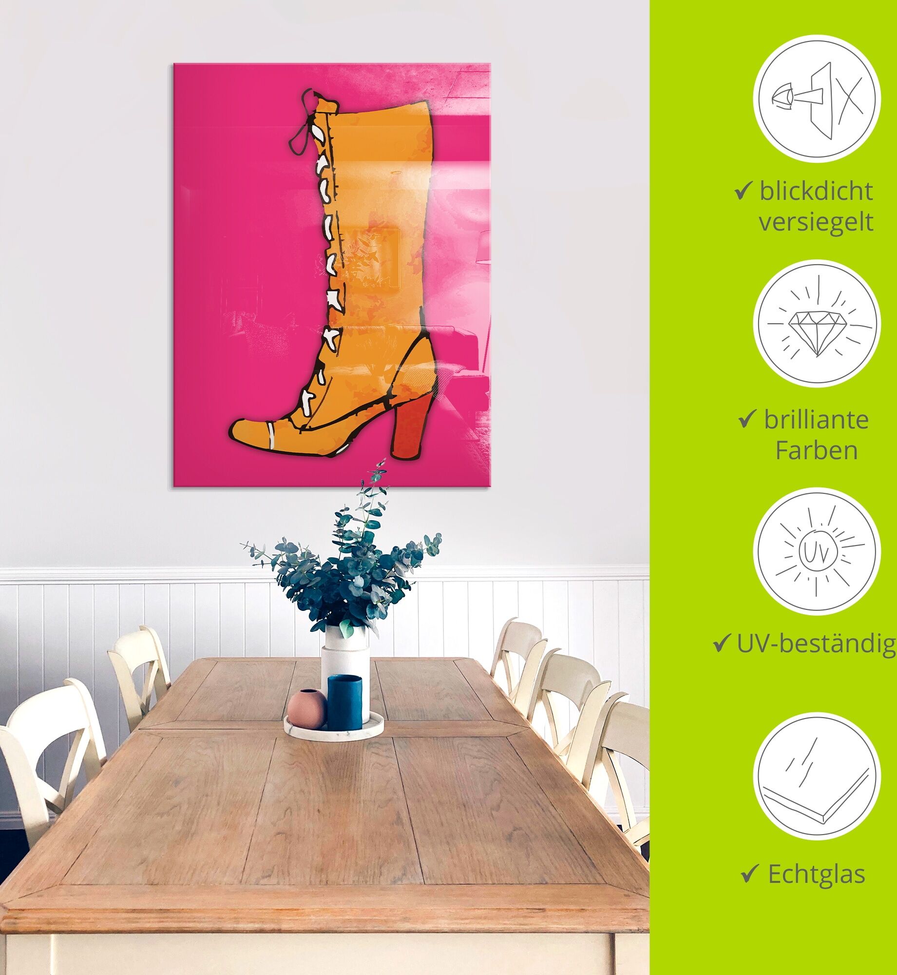 Glasbild ARTLAND "Stiefel", farbe bild(er): pink, B:45cm H:60cm, Bilder, Glasbild, in verschiedenen Grössen farbe bild(er): pink B/H/T: 45cm x 60cm, Glasbild Fashion Hochformat, 1 Stk.