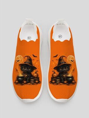 LightInthebox Women's Halloween Slip-On Sneaking Shoes - Orange Flyknit Walking Sneakers with Black Cat Pumpkin Graphic, Scalloped Casual Shoes for Holiday Party Daily Wear
