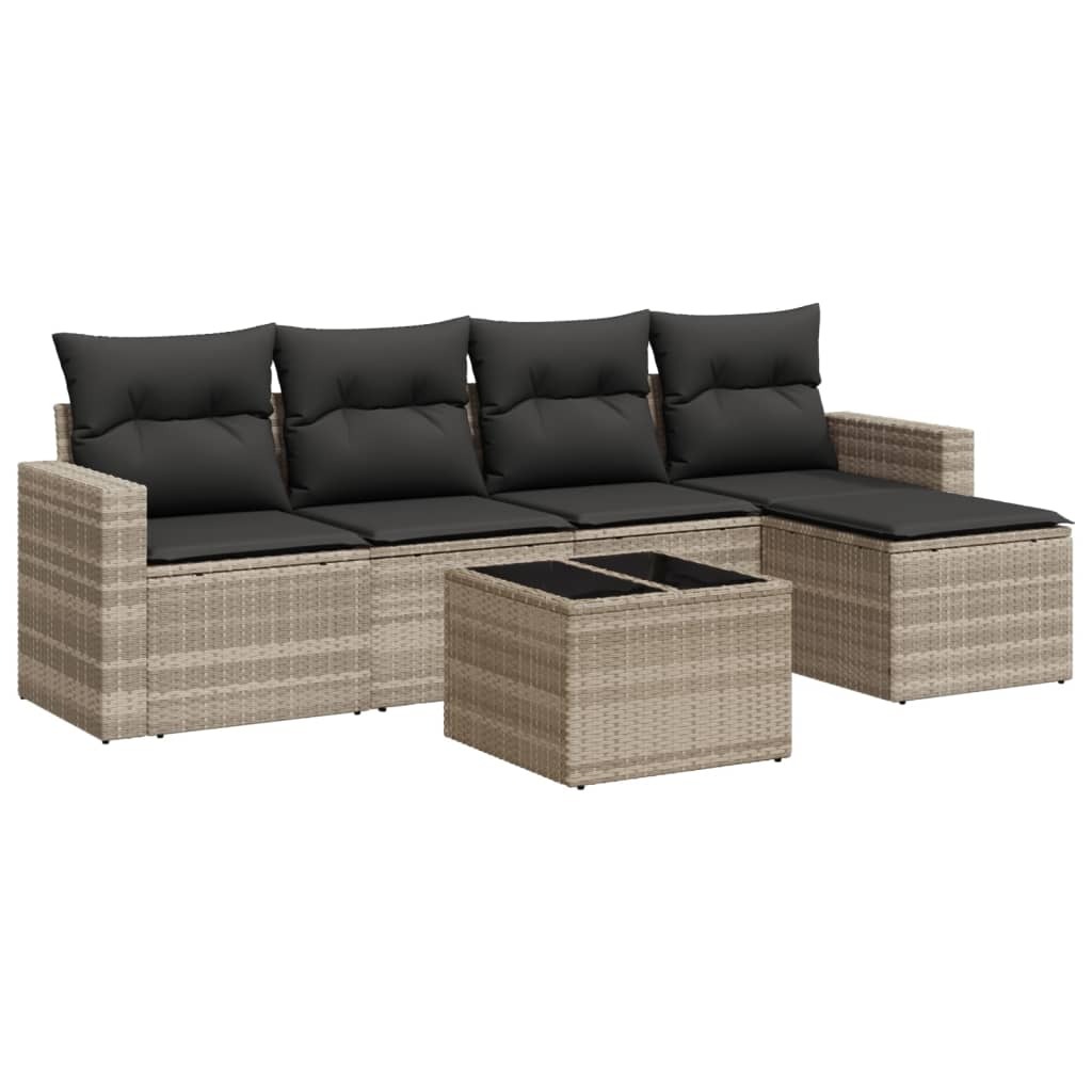 Modulares Garten-Sofaset, 6-teilig, für Terrasse & Balkon, Poly Rattan Hellgrau, mit Kissen Dunkelgrau, Hartglas-Tischplatte, UV-beständig