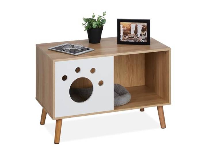 Relaxdays Meuble de Toilette à Porte pour Chat\, HxLxP: 50x75x40 cm\, Cache-litière\, Couchage\, intérieur\, Nature - Blanc