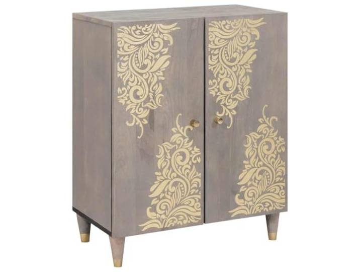 Sideboard Grau Gold 60x33x75 cm Massivholz Mango mit Messingdetails Massives Mangoholz, Messinggriffe, Stauraum für Geschirr, Deko-Ablage, Wohnzimmer oder Esszimmer