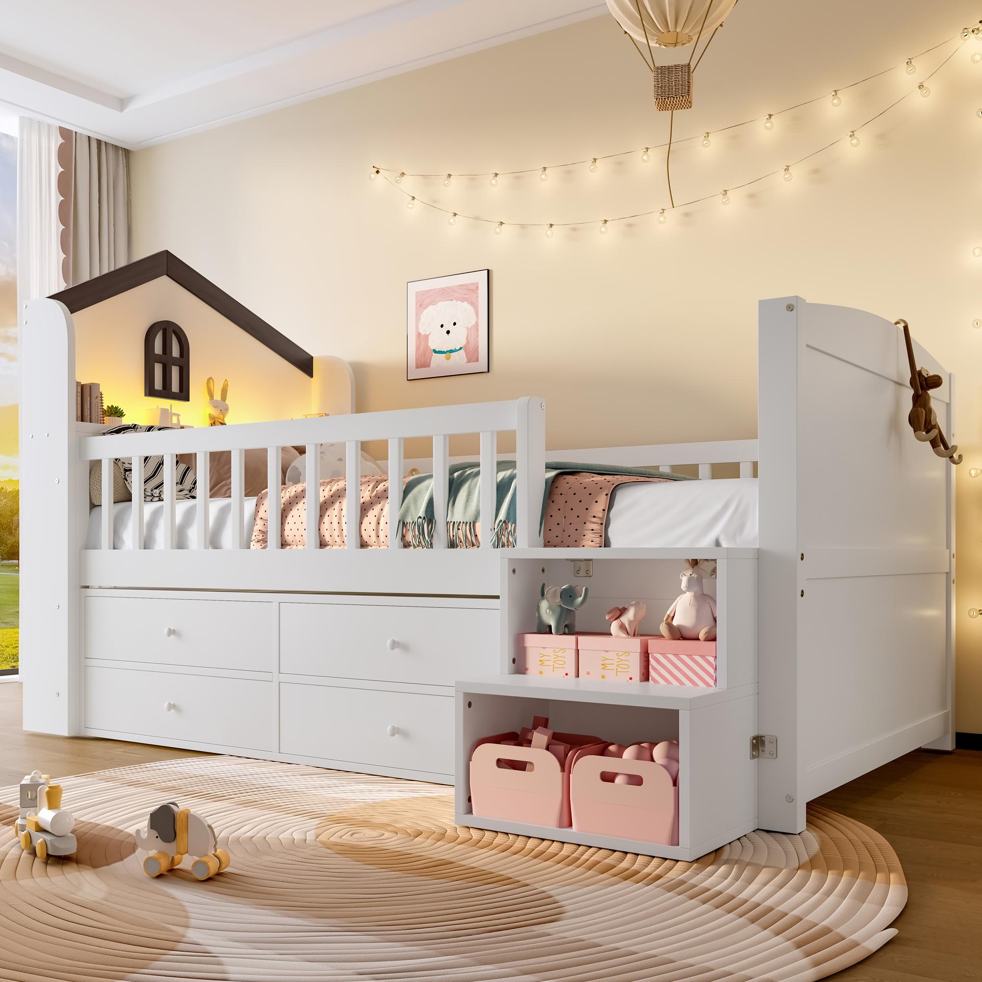 Merax Kinderbett 90x200cm, Hausform Halbhohes Etagenbett, mit LED Beleuchtung, 4 Schubladen, Regal, Hoher Zaun, Jugendbett, Hochbett, Massivholz, Weiß