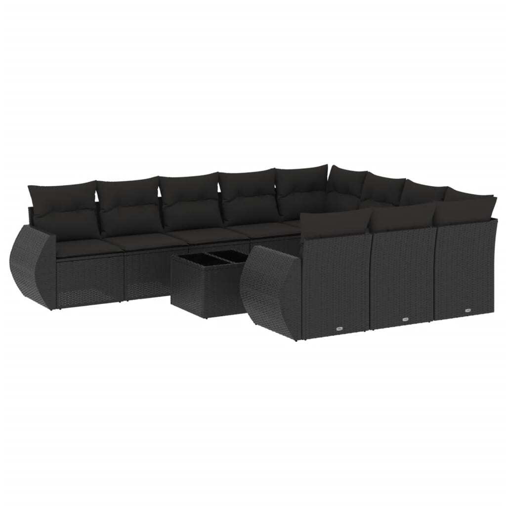 Modulare Garten-Lounge-Sofa-Garnitur, 11-teilig, mit Kissen, Schwarz, aus wetterfestem Poly Rattan und Hartglas, UV-beständig