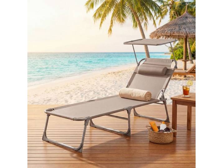 Transat de Jardin Pliable Dossier Réglable Chaise Longue avec Pare-soleil Terrasse Piscine Taupe