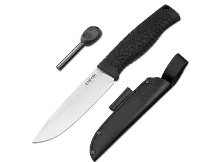 BÖKER SOLINGEN Bronco CPM 3V Survivalmesser mit Lederscheide & Feuerstahl Fahrtenmesser robust aus Solingen - Bushcraft- & Outdoor-Messer mit CPM-3V Klinge - Pfadfinder Überlebensmesser mit TPE Griff