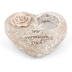 Grabschmuck Herz Grau mit Rose Spruch Wir vermissen Dich Grabdeko Grabherz Wetterfest Grabdekoration Gedenkstein Teelichthalter Trauerstein