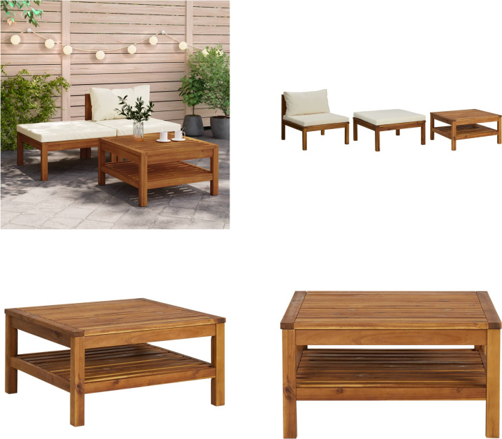 vidaXL 3 tlg. Garten Lounge Set mit Cremeweißen Kissen Akazienholz - Garten-Lounge-Set - Garten-Lounge-Sets - Holz-Lounge-Set - Holz-Lounge-Sets
