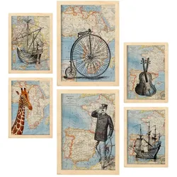POSTER Set Mit 6 Vintage Karten Topografische Karten Im Retro Stil Von Europa, Afrika Und Spanien In Dezenten Farben A3 & A4 Rahmen Aus Hellem Holz