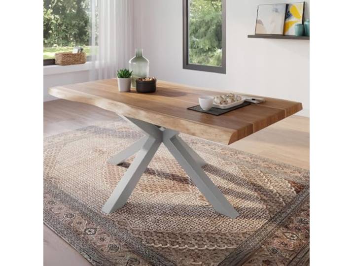 trelevo Esszimmertisch 160x85 cm naturfarben Spider-Gestell Baumkante Akazienholz massiv, Tischplatte, Silber, Baumkantentisch