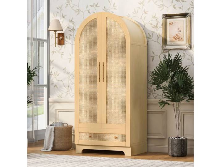 Armoire 70x55x170cm Double Portes Rotin Artificiel Couleur Bois - Rangement Spacieux avec Tiroir & Compartiments Facile à Installer