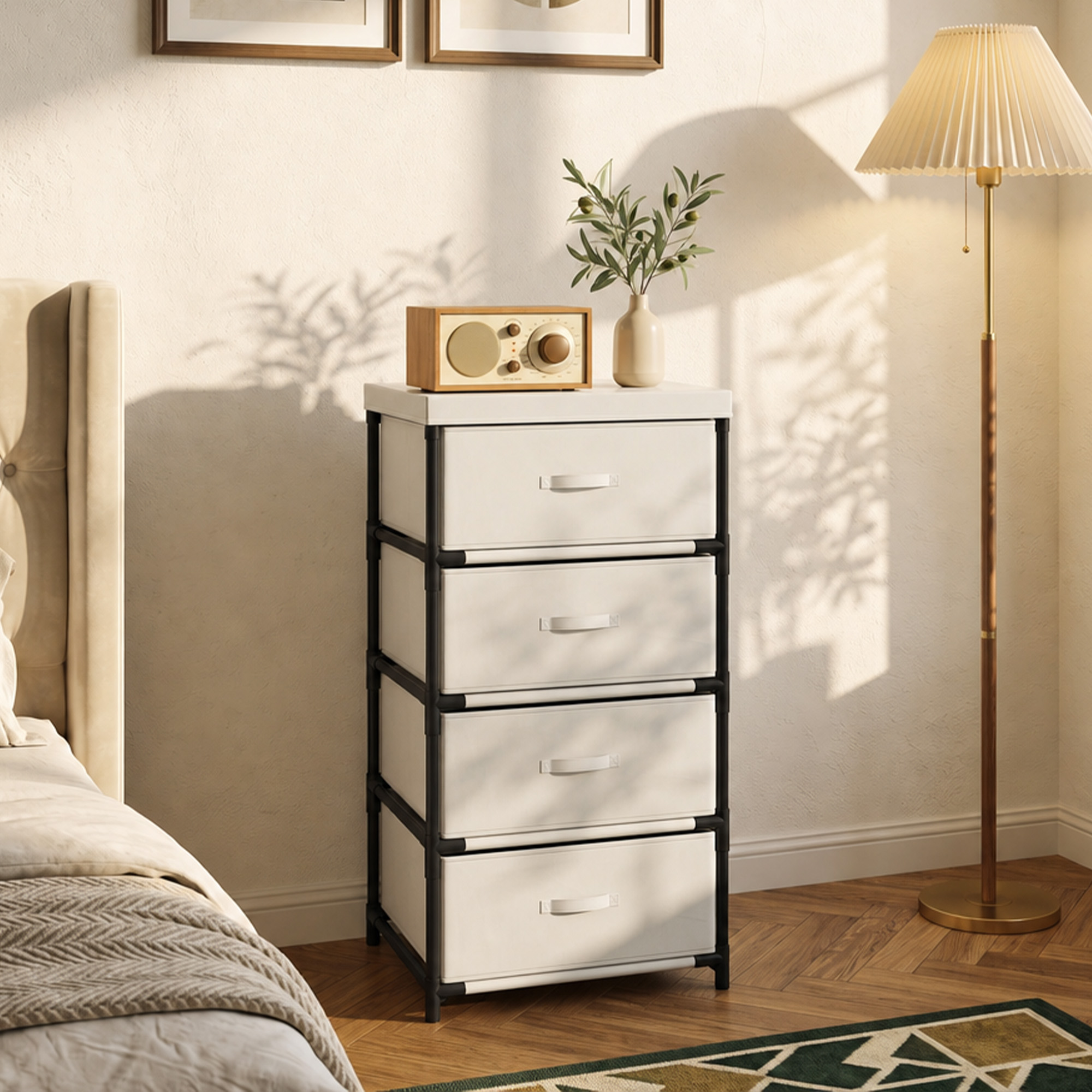 Homcom Cassettiera con 4 cassetti in tessuto e struttura in acciaio, beige   Aosom Italy