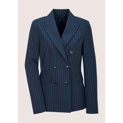 Jackenblazer MADELEINE "Blazer Longblazer mit Nadelstreifen", Damen, Gr. 46, blau (nachtblau, wollweiß), Obermaterial: 63% Polyester PES. 33% Viskose CV. 4% Elasthan EL., Modern, oversize, Blazer, Doppelt gesetzte Knopfleiste