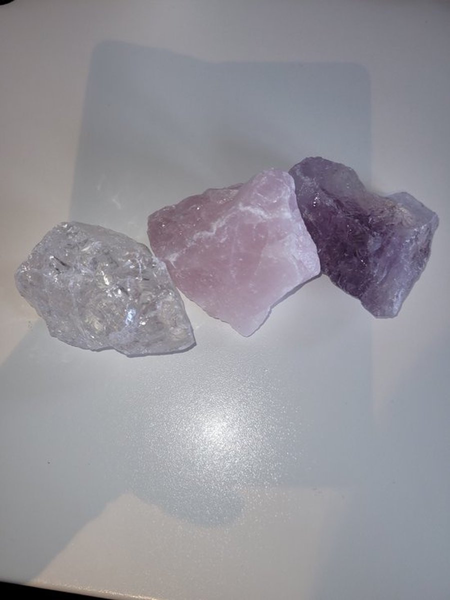 Gouden Driehoek Edelsteen Set met Amethist, Bergkristal en Rozekwarts