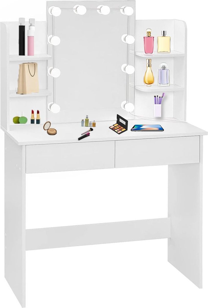 Witte houten kaptafel met Hollywood spiegel en verlichting