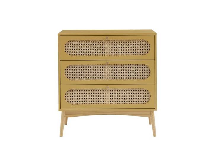 Commode SIXTINE jaune safran et cannage rotin 3 tiroirs