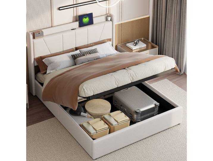 Lit Coffre 160x200 USB Lit Double 160x200 avec Sommier Lit Capitonné avec Coffre Hydraulique Lit 160x200 cm avec rangement Lin Beige