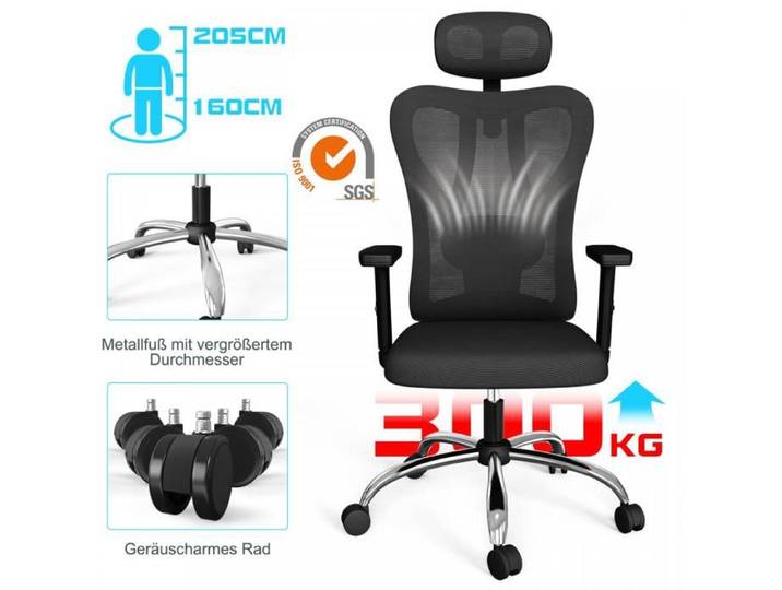 SUPFINE Chaise de Bureau Ergonomique Fauteuil de Bureau avec Appui-tête Réglable Accoudoirs Soutien Lombaire jusqu'à 150 kg