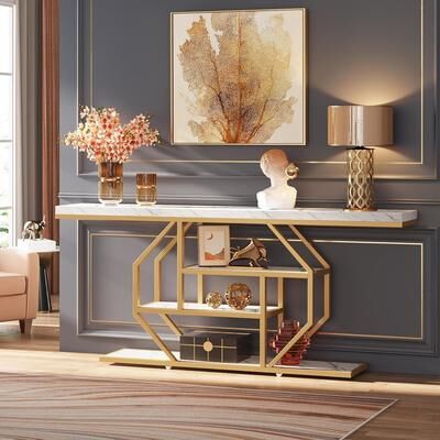 Jiallo "70.9"" White Faux Marble Console Table, Modern Gold 4-Tier Sofa Table for Entryway, Living Room, Hallway or Behind Couch"