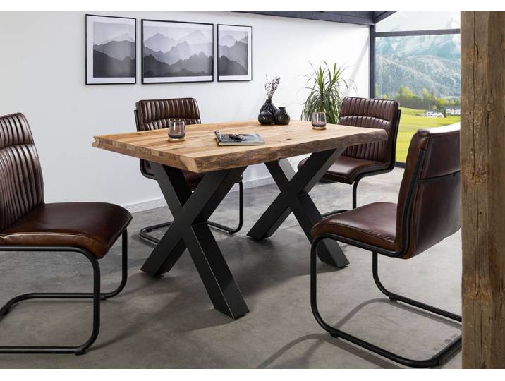 Baumtisch Sheesham 140x90x77 natur sandgestrahlt / X-Beine anthrazit matt FREEFORM 5