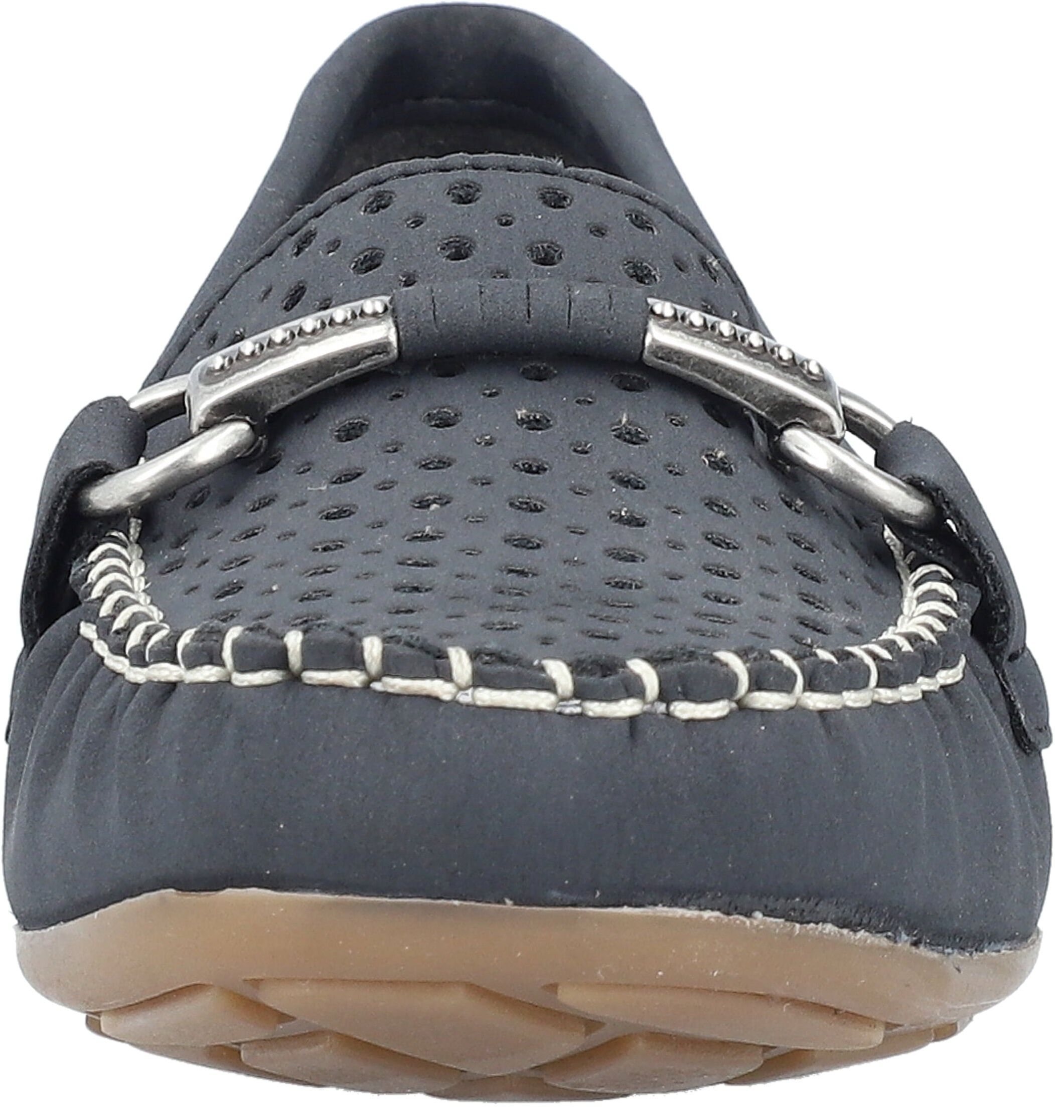 Mokassin RIEKER, Damen, Gr. 38, Synthetik, blau (dunkelblau), Nubuklederimitat, Schuhe Mokassin, Slipper, Sommerschuh mit toller Schmuckspange