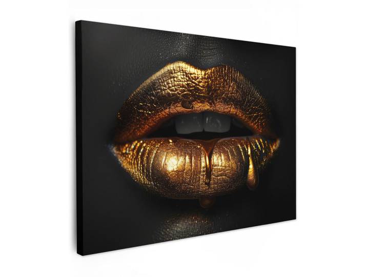 MuchoWow Leinwandbild - Frau - Porträt - Lippen - Gold - Schwarz - 80x60 - Malerei, Textil, Kiefer, Abstrakt, Rechteckig, 80x60 cm, gerahmt, Bilder & Rahmen, Bilder, Wandbilder