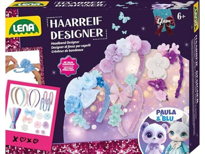 LENA Bastelset Glam Haarreif Designer - Haarschmuck für Mädchen Komplettset mit Pompons, Satinbändern & Blumen, Kreatives Basteln als Geschenk für Kinder ab 6 Jahren