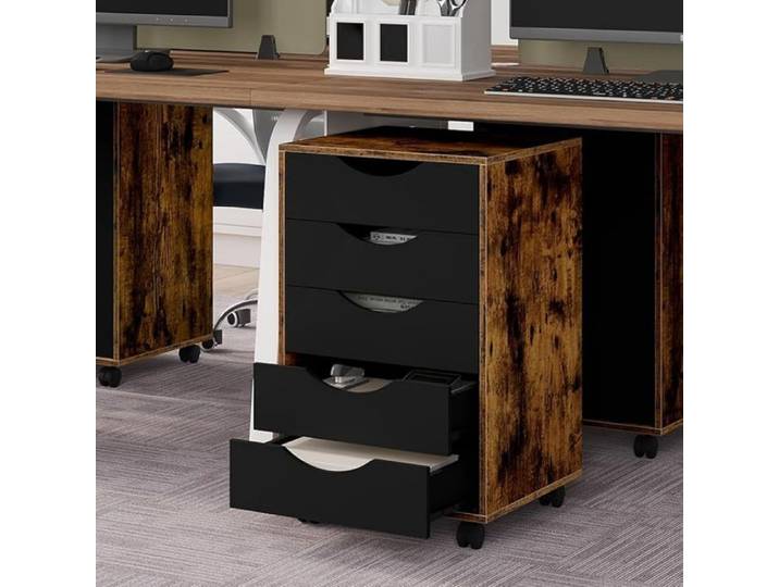 Caisson de Bureau - WOLTU Meuble de Rangement Mobile 5 Tiroirs - Bois d'Ingénierie - Marron Rustique