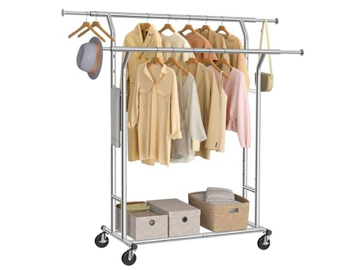 SONGMICS Portant à vêtements\, Double Barres Extensibles\, Hauteur réglable Penderie en acier\, Charge Max 110 kg\, Mobile\, avec roulettes\, Chromé\, Collection PATAYE HSR12S