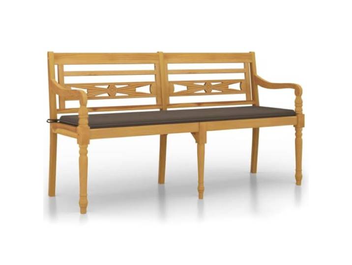 Batavia Sitzbank aus massivem Teakholz mit Kissen Taupe 150 cm Armlehnen, Rückenlehne, Finish auf Wasserbasis, Stoff 100% Polyester, Tragkraft 110 kg, Entspannung im Freien