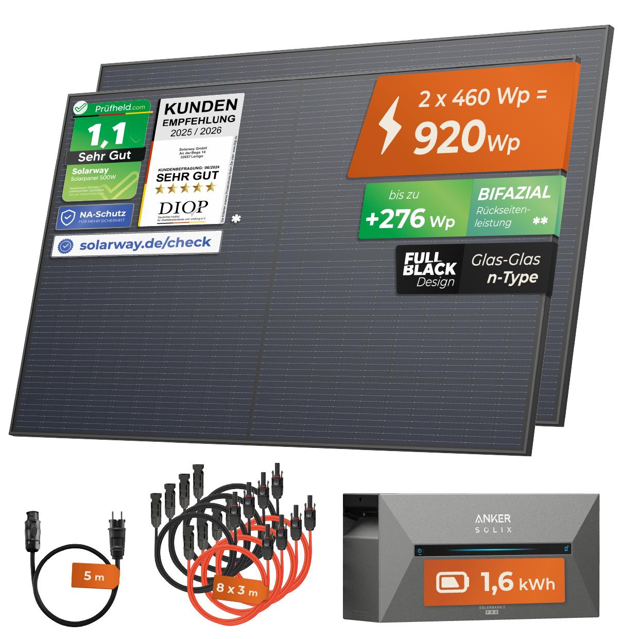 Solarway 920Wp / 800W Balkonkraftwerk mit 1,6 kWh Speicher komplett Steckdose - 1,6 kWh Anker SOLIX 2 PRO Speicher