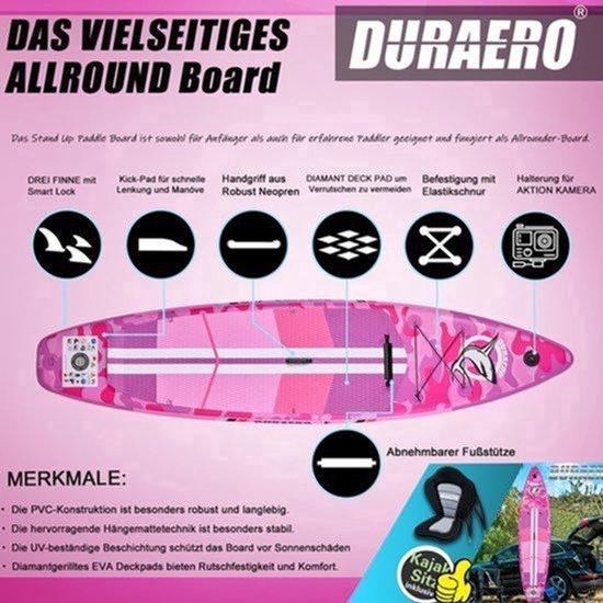 Aufblasbares SUP-Board, Rosa - 330 x 76 x 15 cm - Tragfähigkeit: 150 kg - Material: PVC - Geeignet für Kajakfahren und Yoga