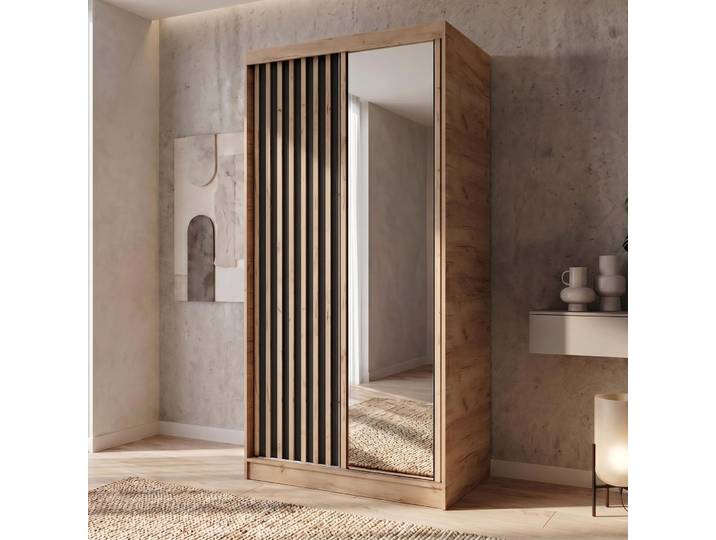 BEAUTYSOFA Kleiderschrank DONATELLO 100 cm Artisan/Schwarz mit Spiegel und Lamellen Schwebetürenschrank modern