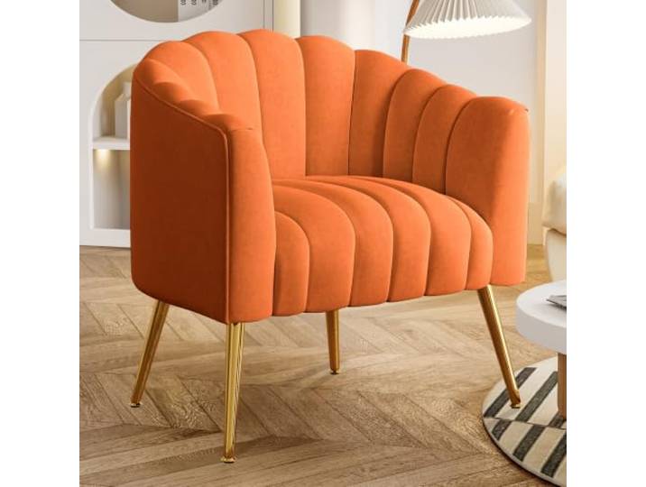 SEYNAR Sessel, Modern Sessel Wohnzimmer, Gepolsterter Loungesessel, Mid Century Armchair, Einzelsessel aus Samt, Einzelsofa in Kürbisform, für Wohnzimmer und Schlafzimmer,Orange