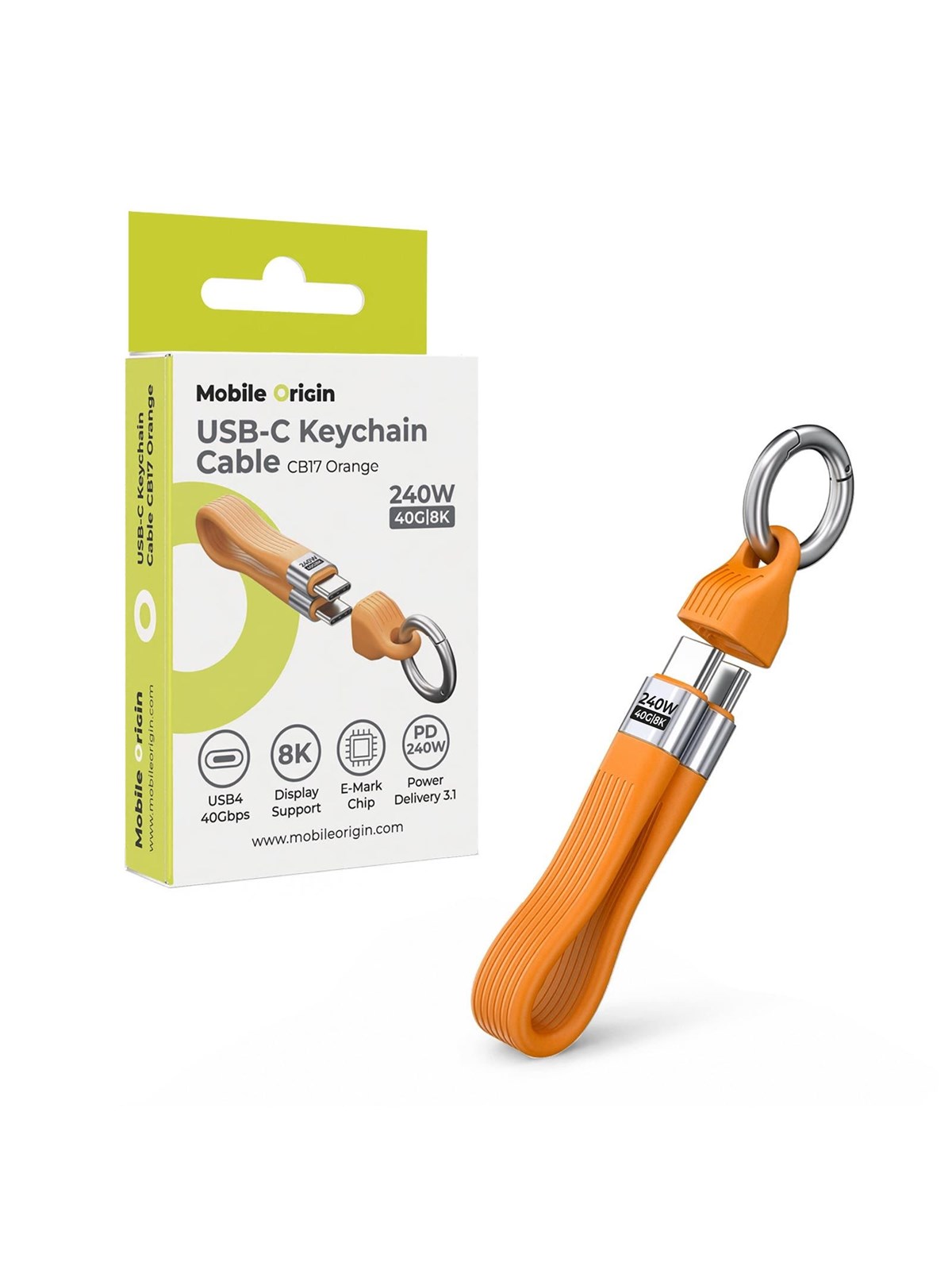 Mobile Origin CB17 240W 40Gbps 8K USB-C Keychain Cable - Orange