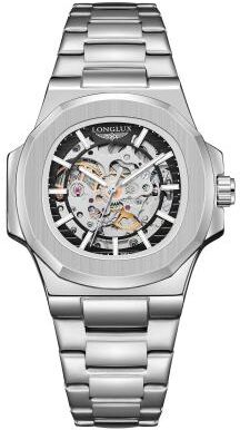 Friendly Fresh Finds Mens Luxury Automatic Mechanical Watch Waterproof Skeleton Stainless Steel Business Watch silver Black