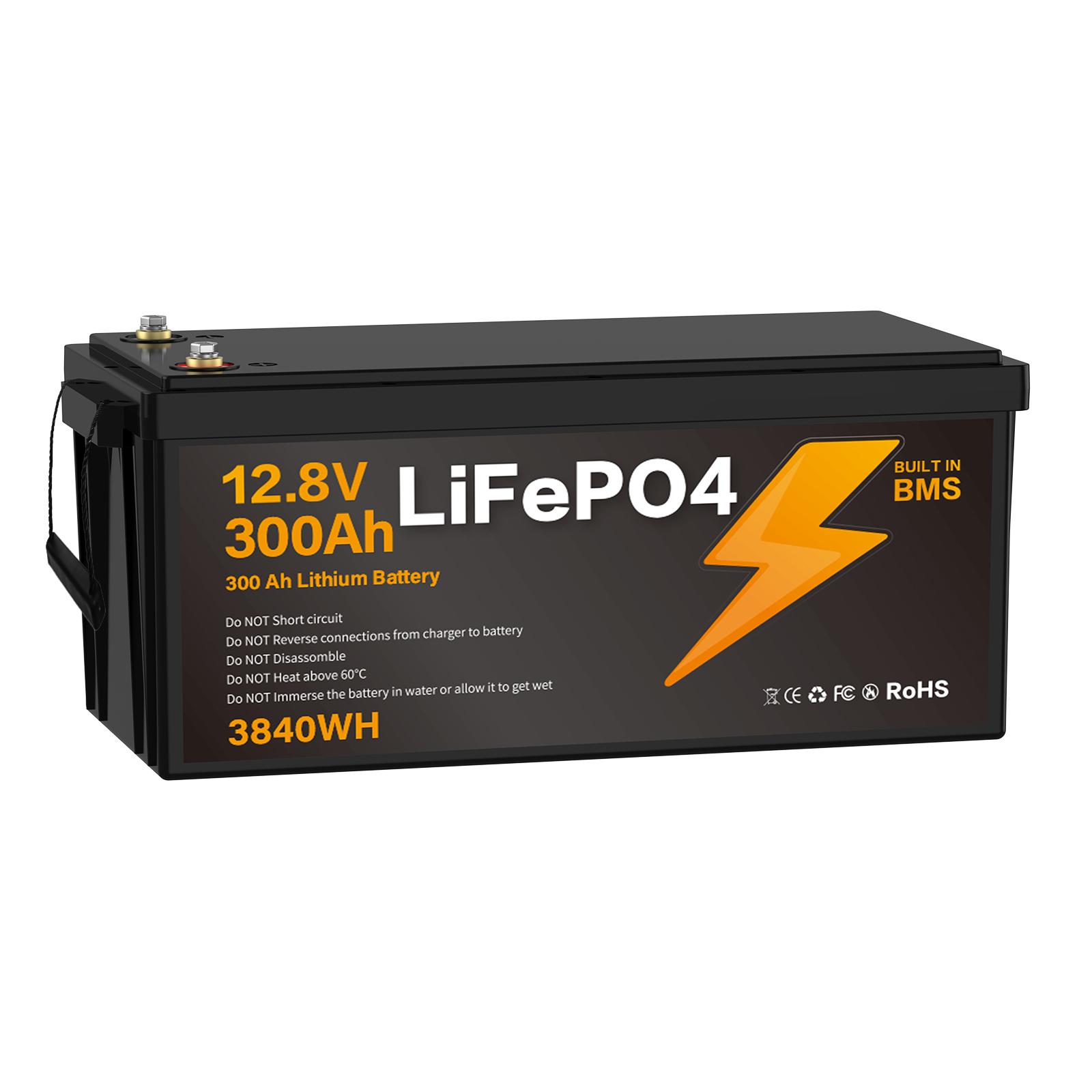 12,8V 300Ah Lithium-Eisenphosphat Akku mit Smart BMS IP67 LiFePO4 Batterie wasserdicht Lithium Akku 3840Wh 3000+ Zyklen für Solaranlage Camping