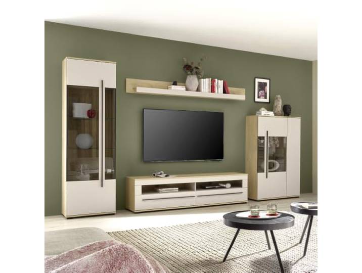 Lomadox Wohnwand 4-teilig in Kaschmir Beige mit Cremona Eiche, inkl. Vitrine, Lowboard & Highboard