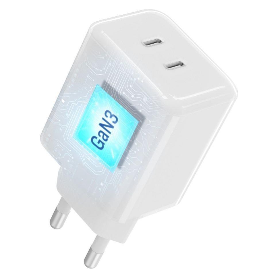Forcell F-Energy GaN III Handy-Ladegerät - 60 W - 2x USB-C - Kristallfarben - Mit USB-C-Kabel - Weiss (60 W, 2 Ports) (VT-60 biala)