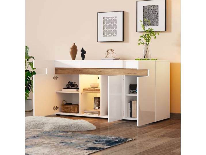 Buffet bas 3 portes LED commandé par application - ELVMI - Façades brillantes en verre blanc 140×40×70 cm