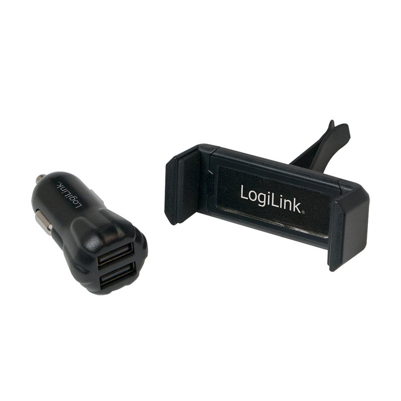 LogiLink USB-autolader en smartphonehouder set, zwart (2 stuks)