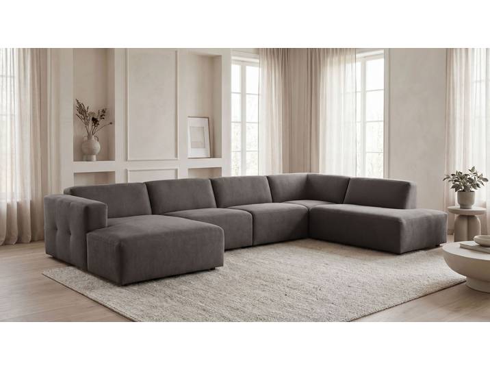 Wohnlandschaft GOODPRODUCT Kelani , grau (taupe), B:384cm H:73cm T:227cm, 100% Polyester, Sofas, Wohnlandschaft, mit dekorativer Knopfsteppung an den Armlehnen