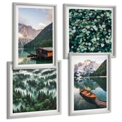 BILDER SET 4er Set - 50x50 cm & 40x60 cm Silberner Rahmen - Nebel auf dem Bergsee, Bootsfahrten, Nebel