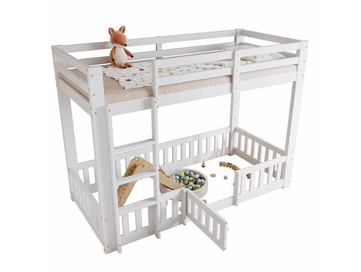 Okwish Etagenbett 90/200 cm weiß aus Kiefer/LVL mit Treppe und Tür, Weiß, 90x200 cm, Babymöbel & Kindermöbel, Kinderzimmer & Jugendzimmer, Stockbetten