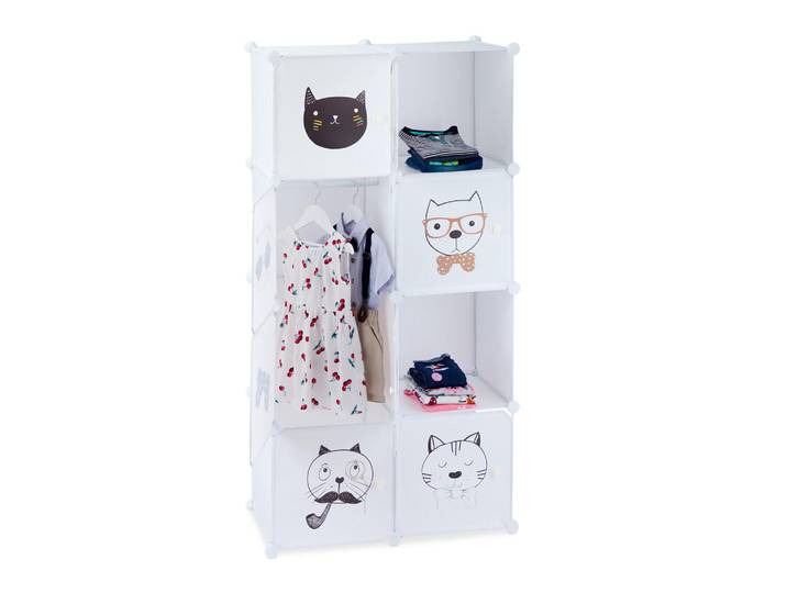 Relaxdays Kleiderschrank Mehrfarbig 8-Türen Katzenmotiv 145x74x36,5 cm, Weiß, Kunststoff, 74x145x36.5 cm, Baby- und Kindermöbel, Babyzimmer, Babyregal & Kinderregal