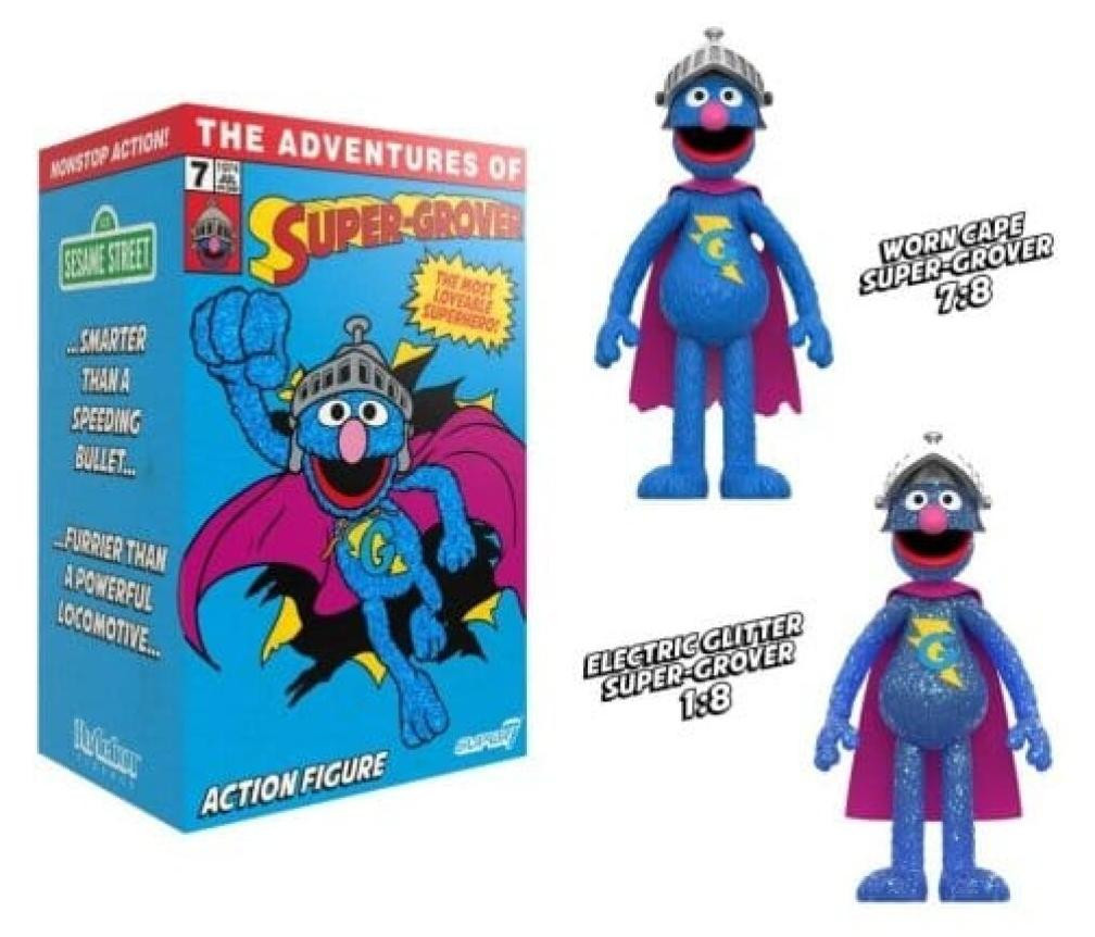 Super7 Sesamstraat ReAction actiefiguur Super Grover met extra figuur