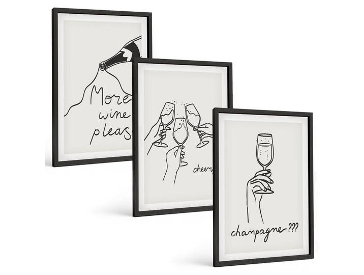 Tulup Bilder SET 3er Set - 40x60 cm Schwarzer Rahmen - Champagner-Wein-Linienzeichnung, Kunststoff, Rechteckig, 40x60 cm, einfache und schnelle Anbringung, Bilder & Rahmen, Bilder