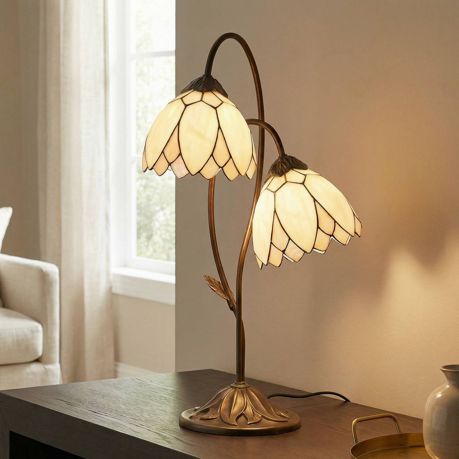 Clayre&Eef Tiffany Table Lamp LILIANA, Brown / rust, Living / Dining Room, Glass, Tiffany, Table Lamp
